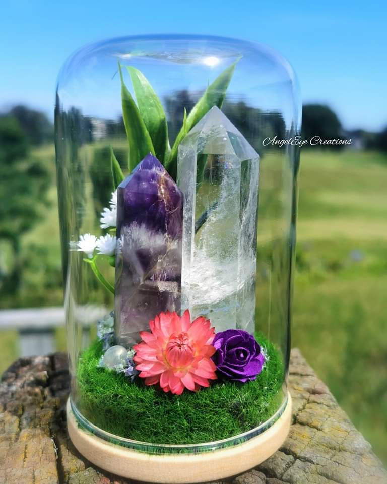 Glass Dome Jar with clear quartz and amethyst towers